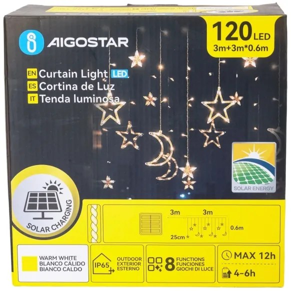 Aigostar - Catena luminosa solare a LED natalizia 120 LED/8 funzioni 3x0,6 m 500 mAh IP65 bianco caldo
