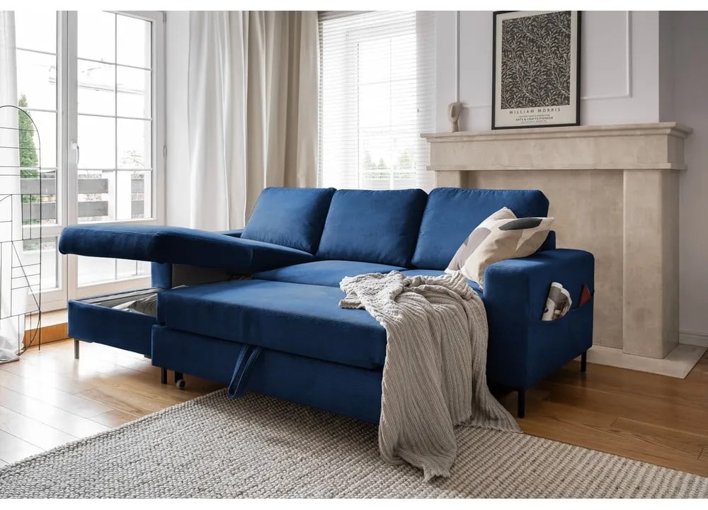 Divano letto angolare in velluto a coste blu scuro (angolo sinistro) Lofty Lilly - Miuform