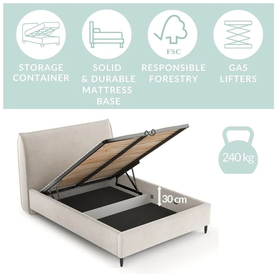 Letto matrimoniale imbottito crema con spazio contenitivo e rete 140x200 cm Shell - Maison de Rêve