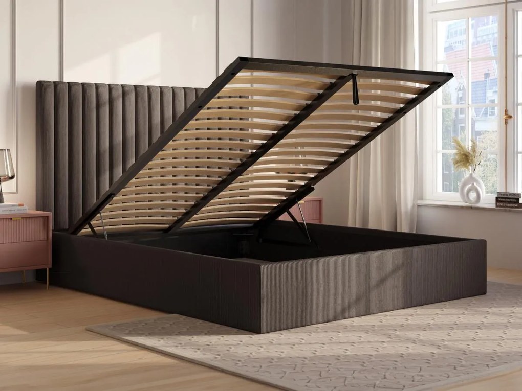 Letto con contenitore 160 x 200 cm con testata letto impunture verticali Velluto a coste Tortora SARAH