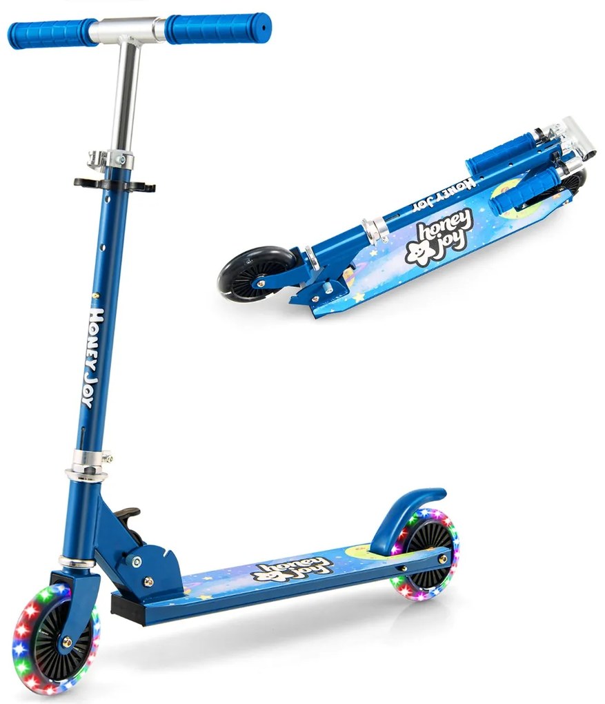 Costway Monopattino per bambini con ruote a LED manubrio regolabile, Giocattolo con meccanismo pieghevole Blu