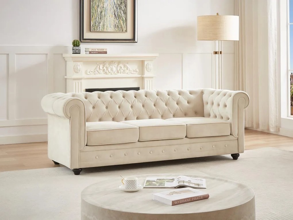 Divano 3 posti in Velluto Beige - CHESTERFIELD