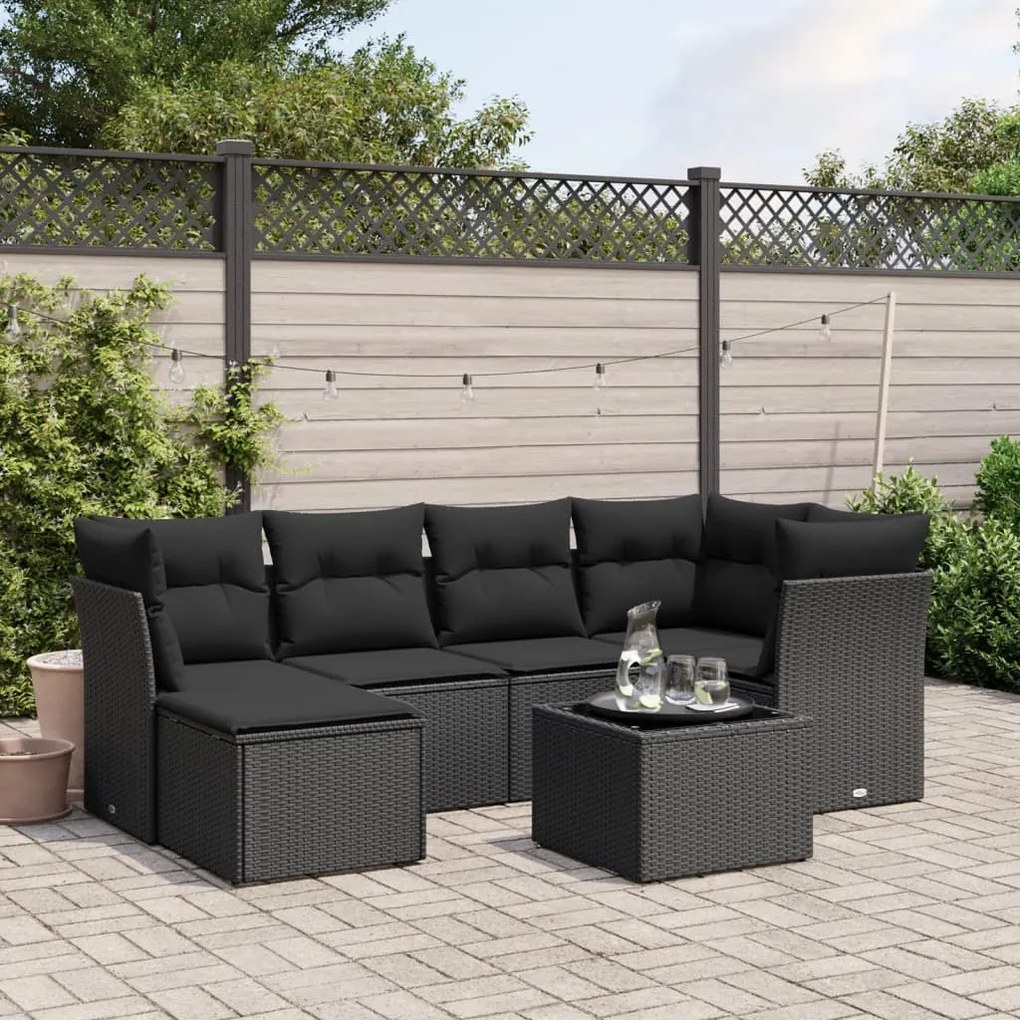 Set Divani da Giardino con Cuscini 7pz Nero Polyrattan