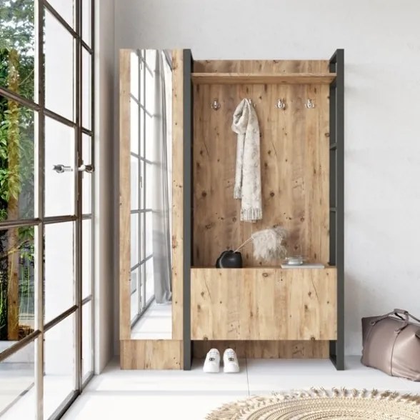 Mobile Ingresso Con Scarpiera Appendiabiti E Specchio Stile Industrial Fiona SX