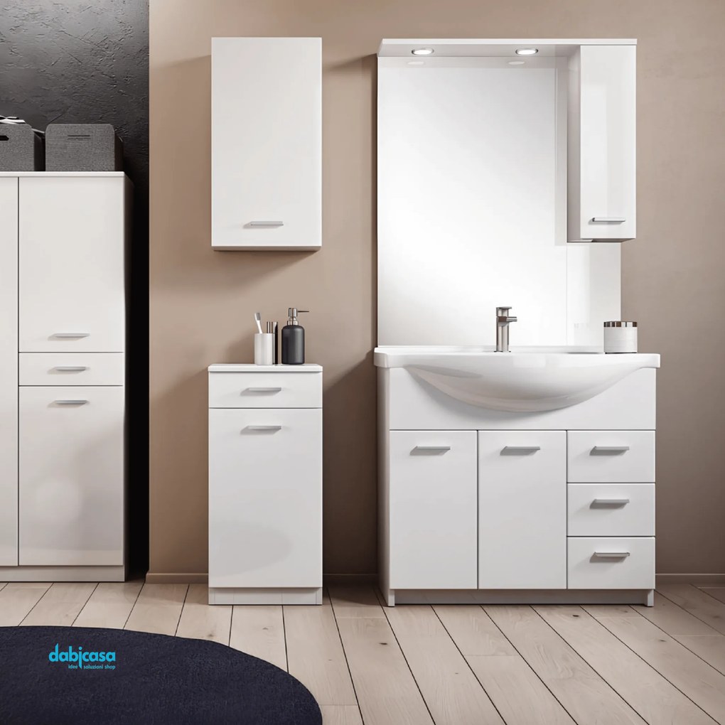 Mobile Bagno A Terra "Classica" Da 85 Cm Composto Da Due Ante E Tre Cassetti Lavabo E Specchio Con Faretti Led Finitura Bianco Lucido