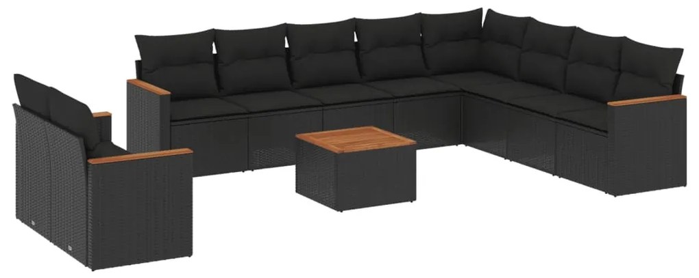 Set divani da giardino 11 pz con cuscini in polyrattan nero