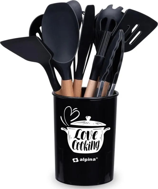 Set Utensili da Cucina Nero e Supporto 12 Pezzi Utensili Silicone Manico Legno