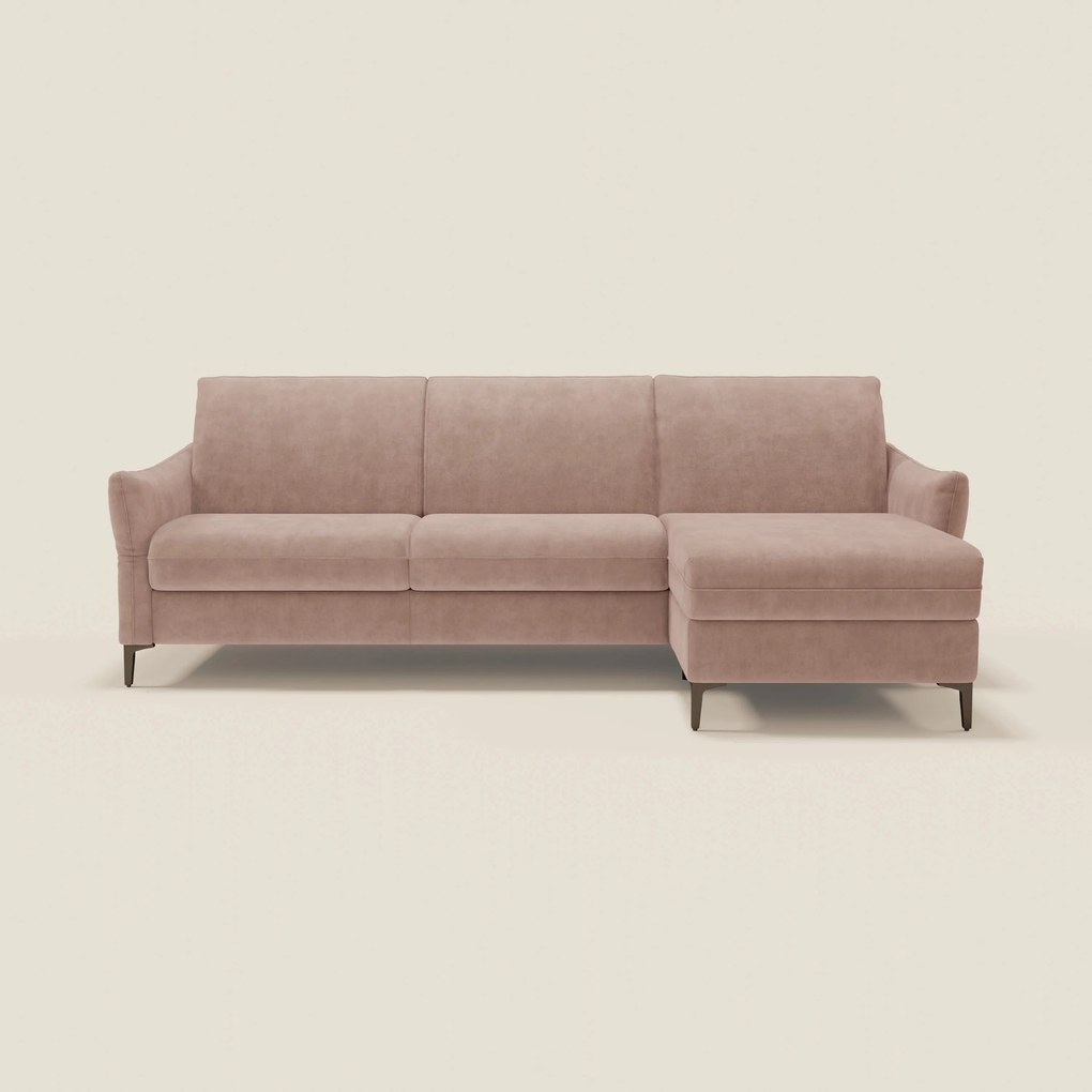 Dalia divano letto angolare con materasso alto 18 cm piedini alti e penisola contenitore in tessuto smacchiabile T17 rosa