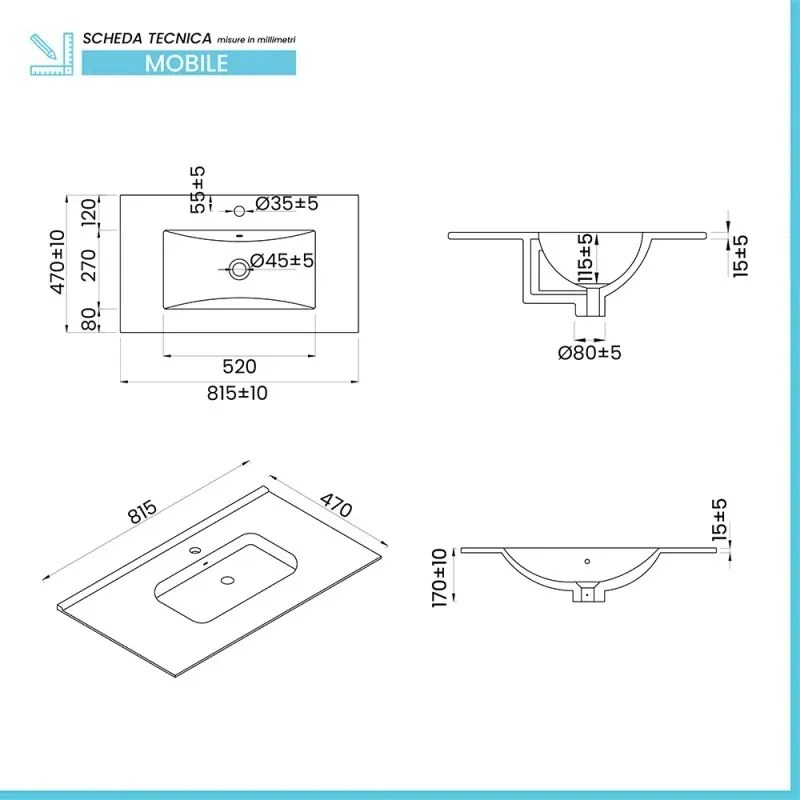 Mobile bagno sospeso 80 cm grigio cannettato e profili neri con lavabo e specchio tondo Zena
