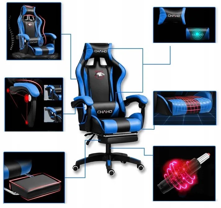 Comoda sedia da gaming con cuscino nero e blu