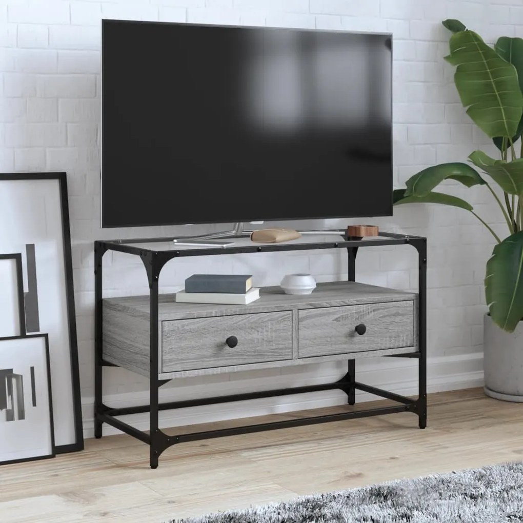 Mobile tv piano vetro grigio sonoma 80x35x51 legno multistrato