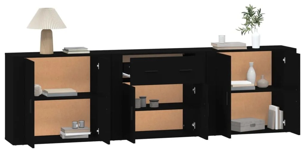 Credenze 3 pz nere in legno multistrato