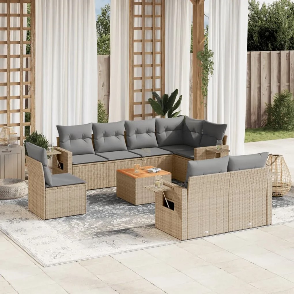 Set divano da giardino 9 pz con cuscini beige misto polyrattan