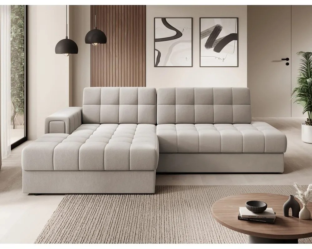 Divano angolare beige allungabile (con penisola a sinistra/con chaise lounge) con rivestimento in velluto Blezalt – ELTAP