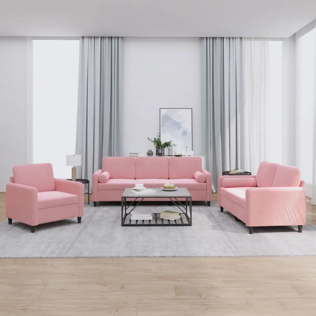 Set Di Divani 3 Pz Con Cuscini Rosa İn Velluto /
