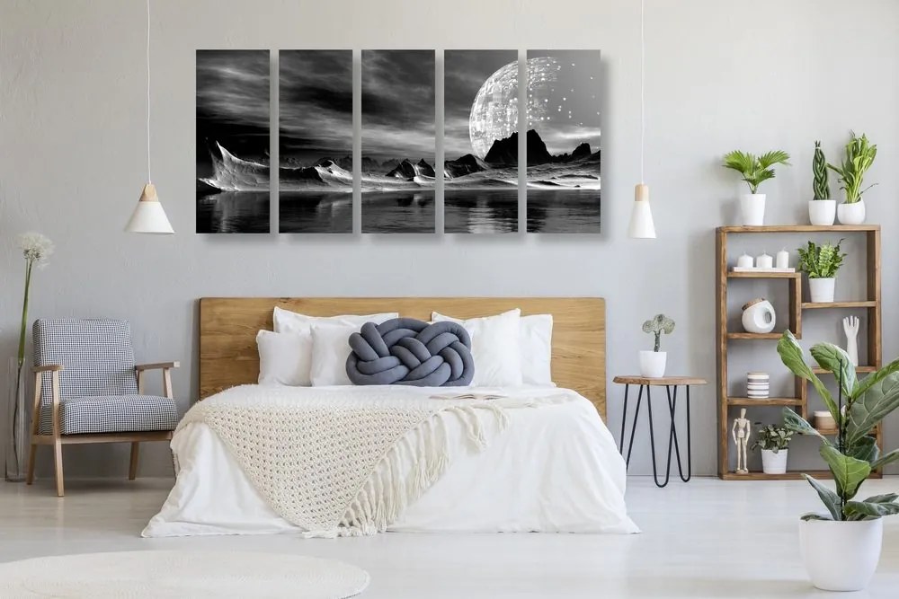 Quadri 5 pezzi – Pianeta futuristico in bianco e nero