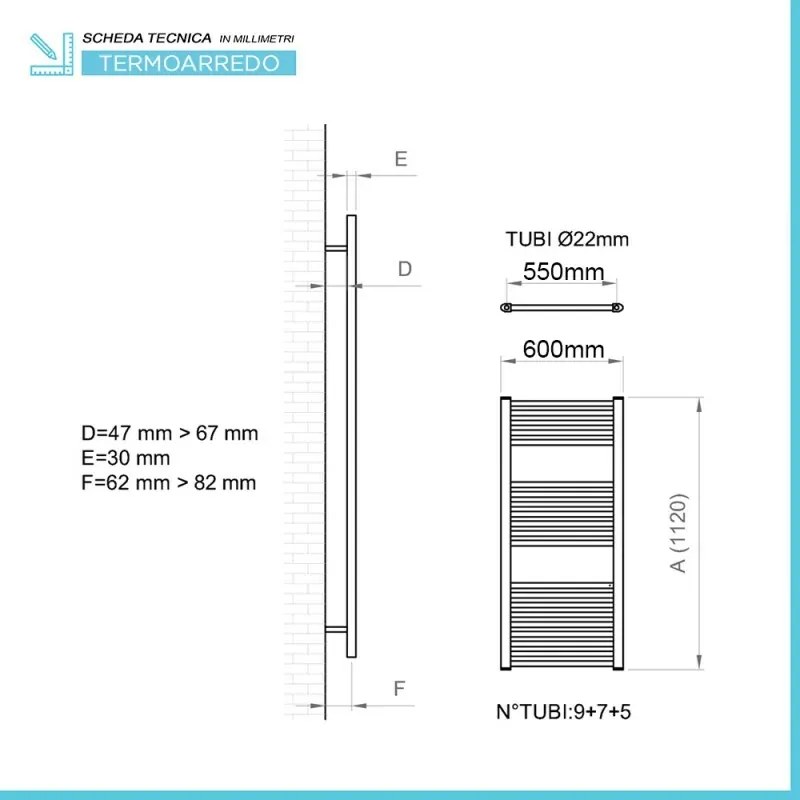 Termoarredo scaldasalviette 600x1120 cromo con interasse 55 cm
