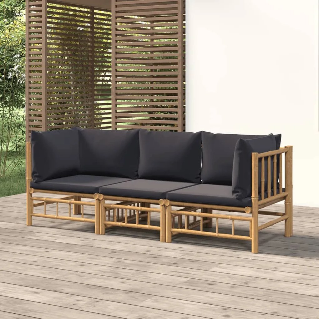 Set Salotto da Giardino 3pz con Cuscini Grigio Scuro Bambù