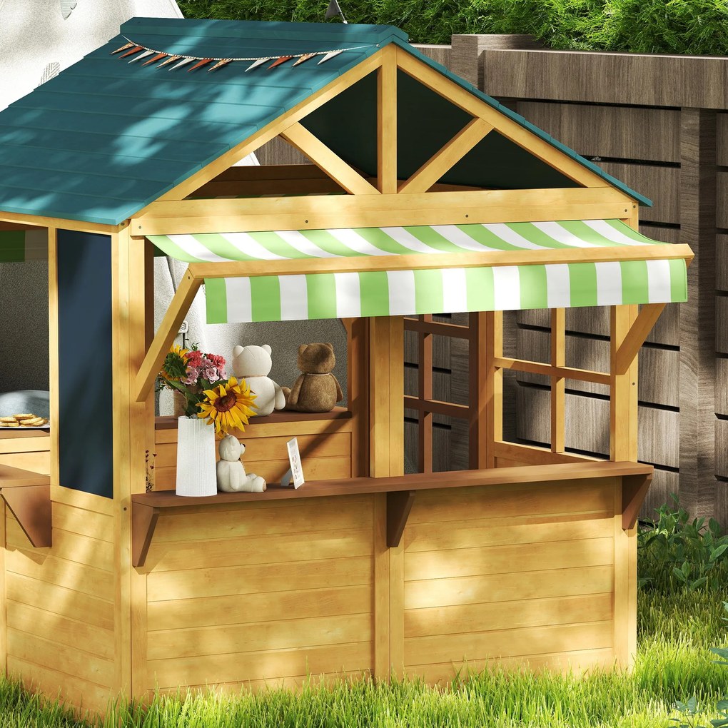 Casetta per Bambini 3-8 Anni 173x117x144 cm con 5 Finestre e 2 Lavagne in Legno di Abete Marrone e Blu...