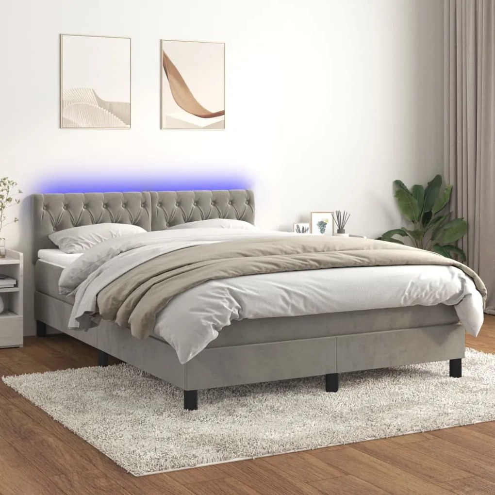 Letto a molle materasso e led grigio chiaro 140x190 cm velluto