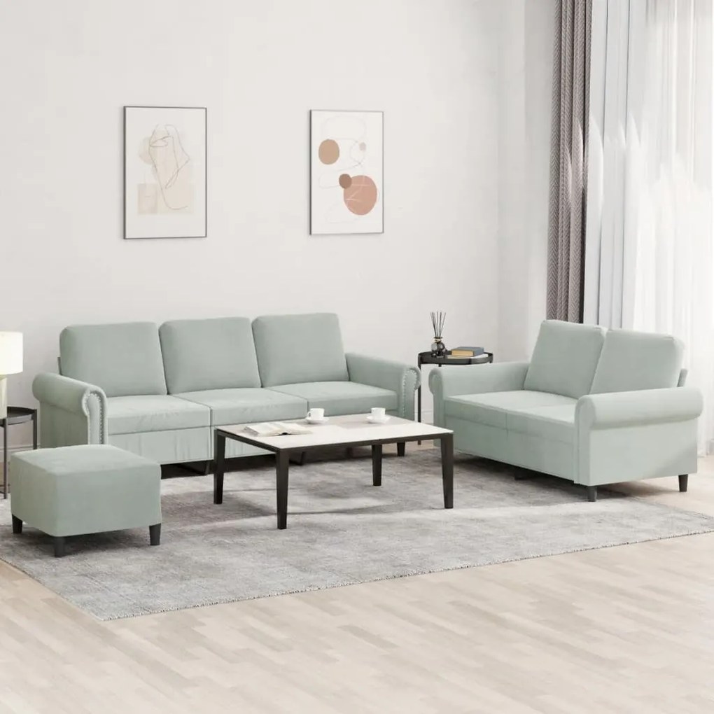 Set Di Divani 3 Pz Con Cuscini Grigio Chiaro İn Velluto /