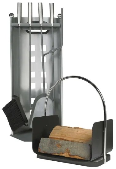 Set di attrezzi per caminetto e cesto per la legna con manico 6 pz antracite