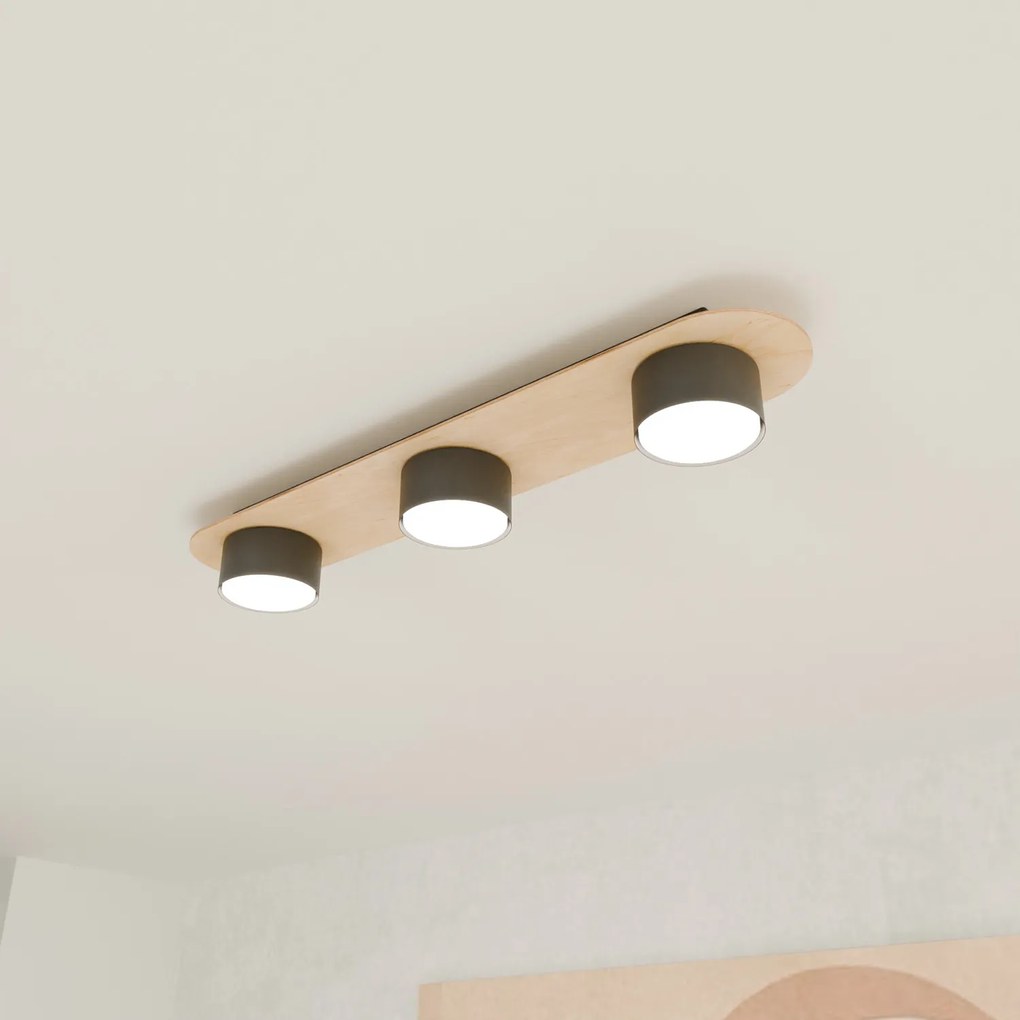 Plafoniera 3 Luci Freya In Acciaio Nero E Legno Naturale Diffusore A Cilindro