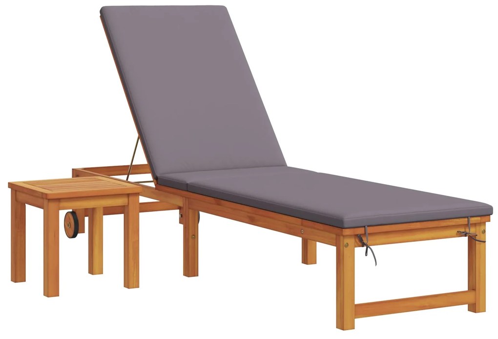 Lettino prendisole con tavolo e cuscino in legno massello di acacia, lettino prendisole con cuscini grigio chiaro in legno massello di acacia, tavolo laterale da giardino 35x35x34 cm in legno massello di acacia