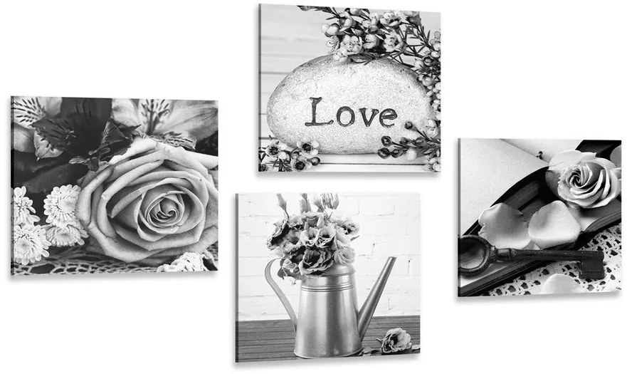 Set di quadri – Natura morta vintage in bianco e nero con scritta Love