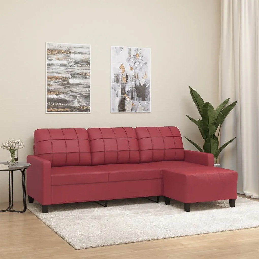 Divano A 3 Posti Con Poggiapiedi Rosso Vino 180cm İn Similpelle /