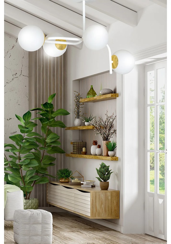 Lampadario 4 Luci Kalf Acciaio Bianco A Bracci Curvi E Sfere Vetro Opalino E Oro