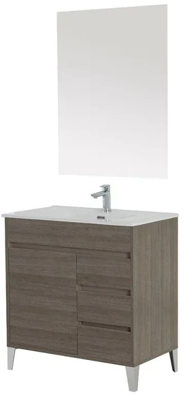 Mobile bagno da terra 80 cm linea Way rovere scuro con specchio e lavabo