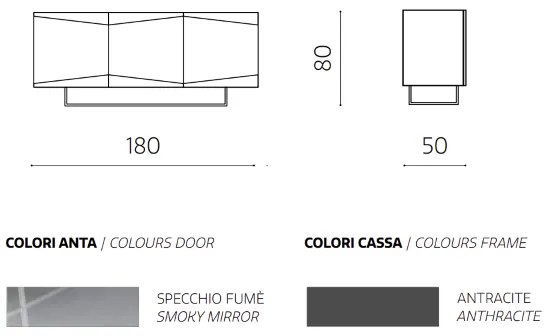 Madia credenza a 3 ante in vetro specchio fumcocca antracite e piedini sagomati ISIDE
