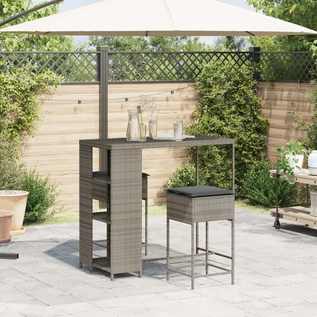 Set bar da giardino 3pz con cuscini grigio in polyrattan