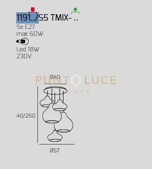 Sosp. bianco 5 luci tonda vetri (2 x piccolo ru + 1 x piccolo za + ...