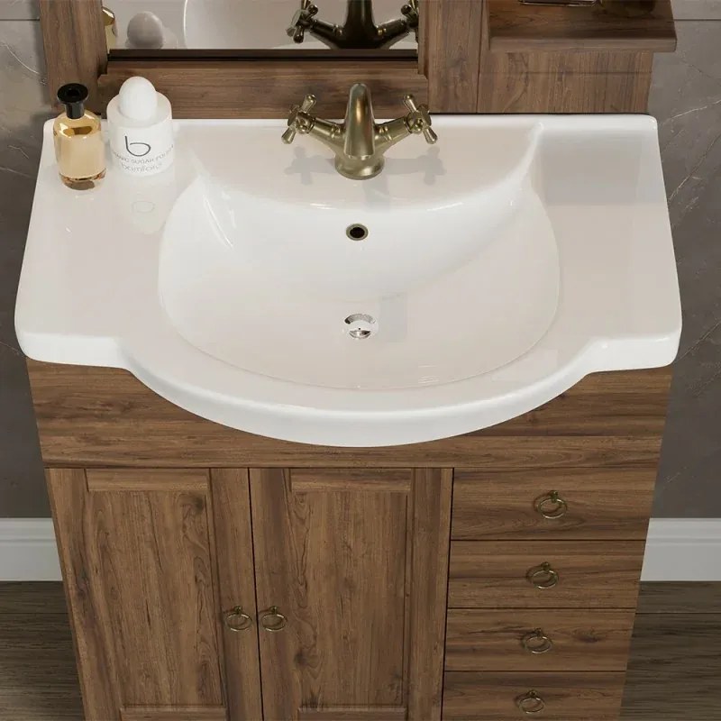 Mobile bagno a terra 75 noce con lavabo specchio e lampada Romantica