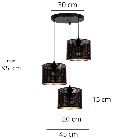Lampadario a sospensione con filo ALDO 3xE27/60W/230V diametro 45 cm nero