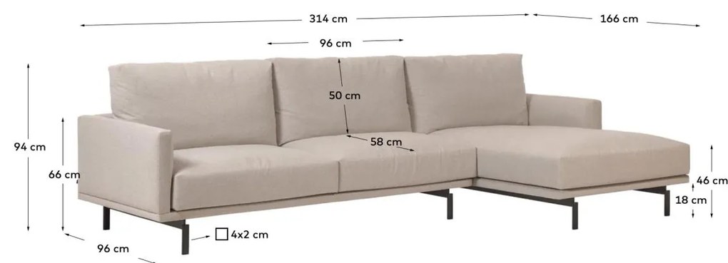 Kave Home - Divano Galene 4 posti con chaise longue destro beige 314 cm