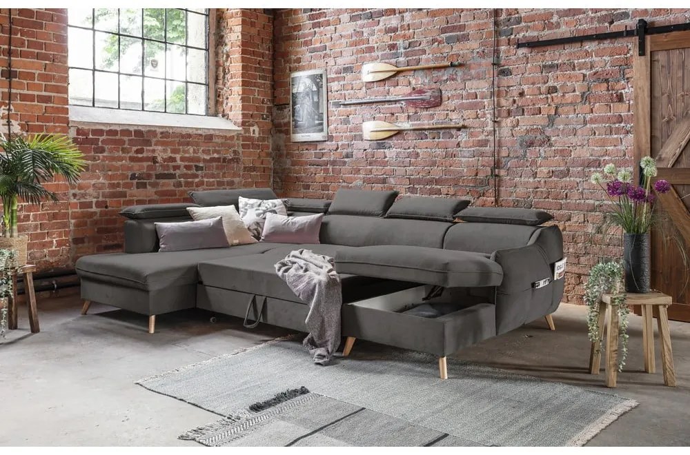 Divano letto angolare a U in velluto grigio scuro (angolo sinistro) Sweet Harmony - Miuform