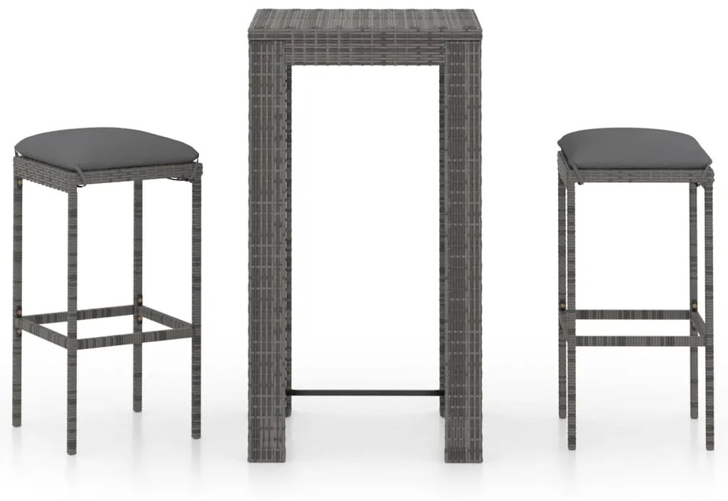 Set Bar da Giardino 3 pz con Cuscini in Polyrattan Grigio