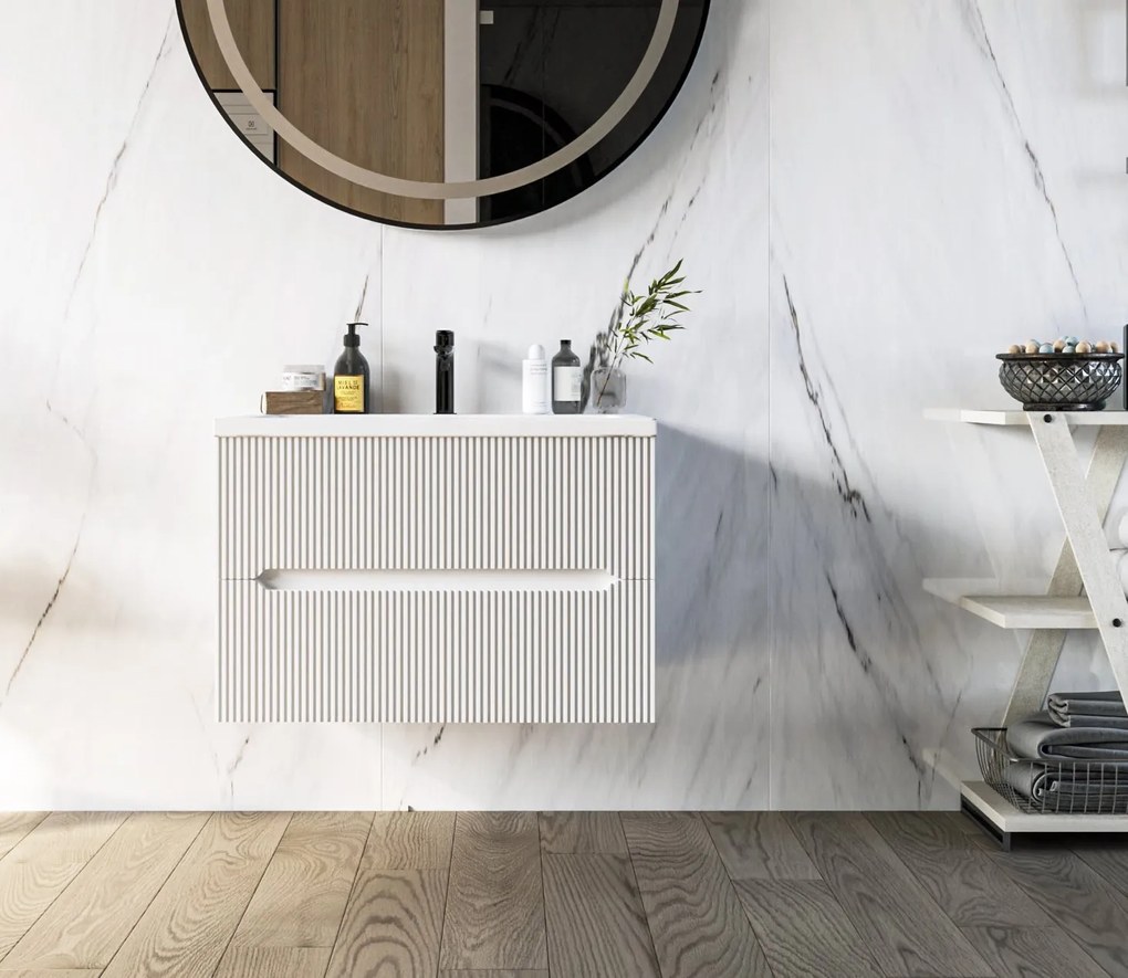 Mobile bagno bianco opaco 70x46 cannettato Urbino due cassetti con lavabo in ceramica