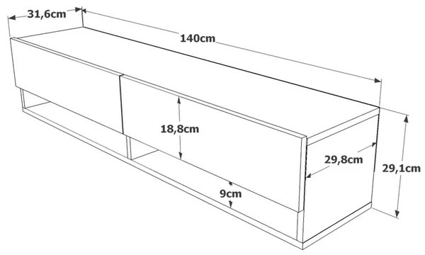 Mobile Tv Sospeso 140x32x30 Effetto Legno 2 Vani Rovere E Rosso Frame