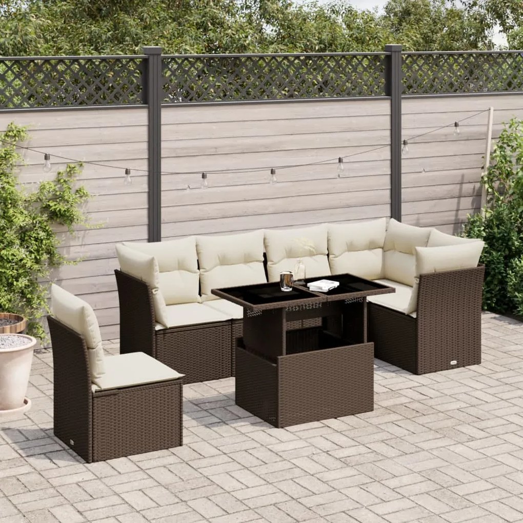 Set divani da giardino 7 pz con cuscini marrone in polyrattan