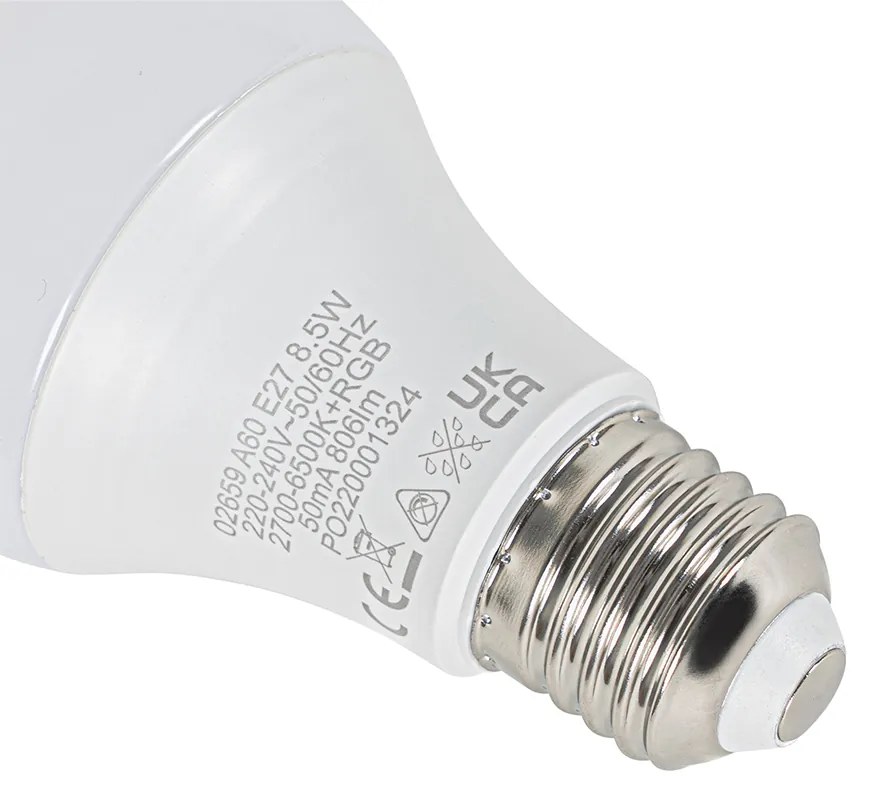 Set di 3 lampade LED smart E27 A60 opaca RGBW 8,5W 806 lm 2700K