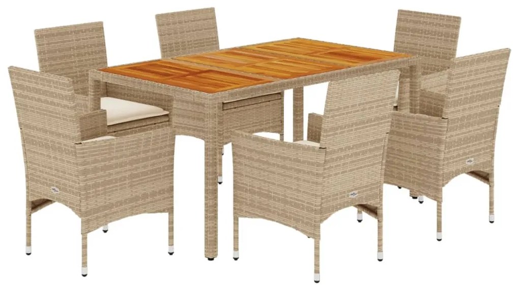 Set pranzo da giardino 7 pz con cuscini beige polyrattan acacia