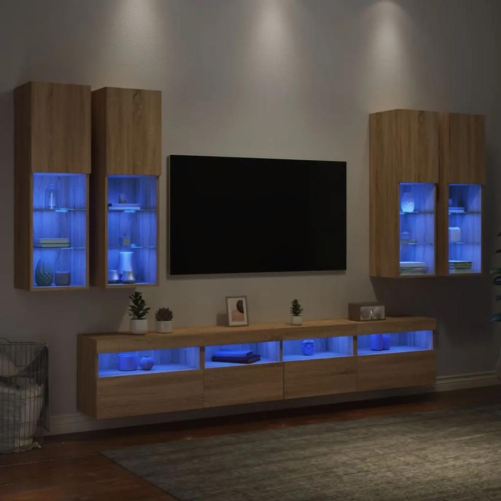 Set mobili tv a muro 7 pz con luci led rovere sonoma