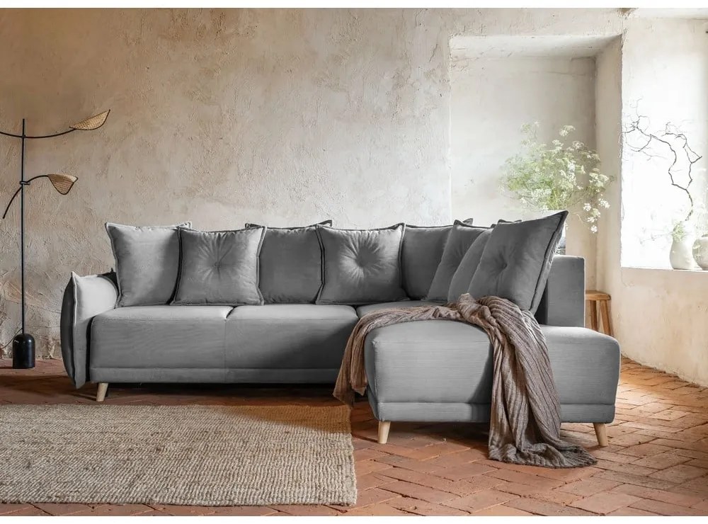 Divano letto in velluto a coste grigio (angolo destro) Lazy Lukka - Miuform