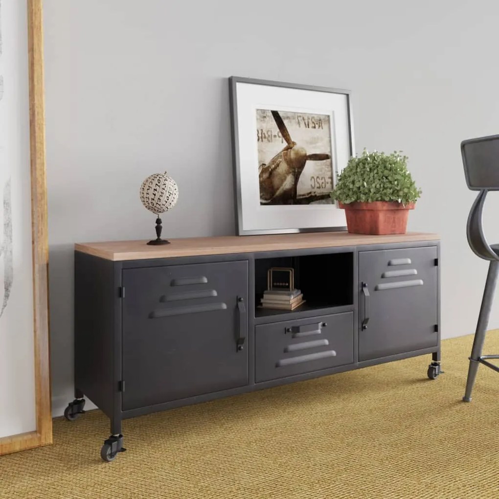 Mobile Tv Nero 110x30x43 Cm İn Ferro E Legno Massello Di Abete /