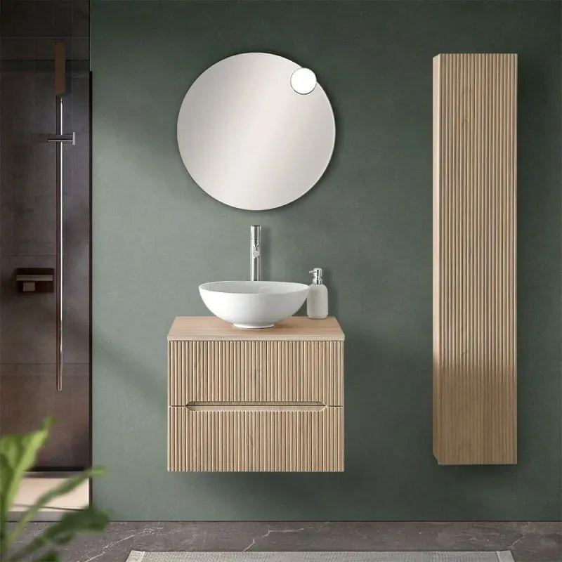 Mobile bagno sospeso cannettato 60 cm rovere chiaro con top e specchio Bali