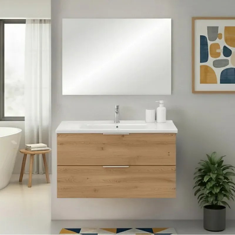 Mobile bagno sospeso 100cm rovere con cassetti lavabo e specchio Elva